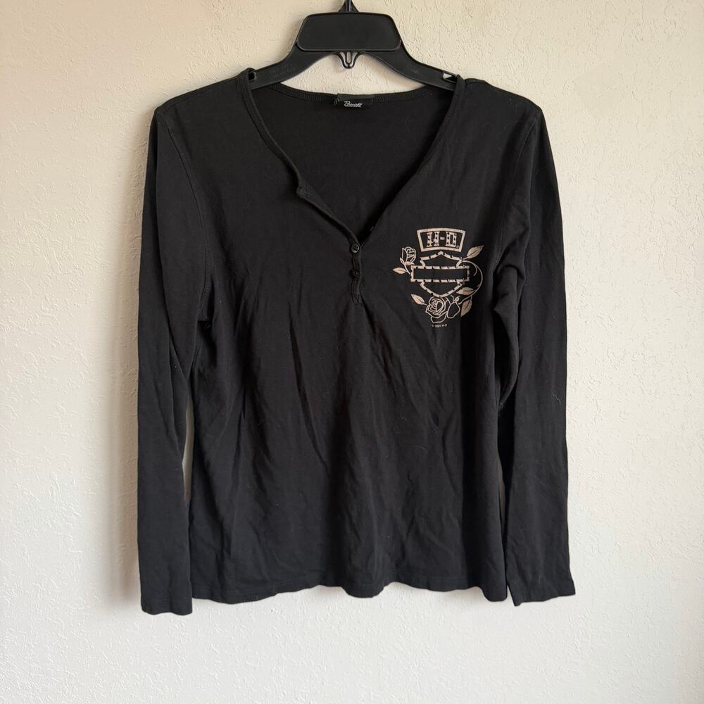Harley Davidson Black Rhinestone Garden Long Sleeve Henley Tee Shirt Womens M